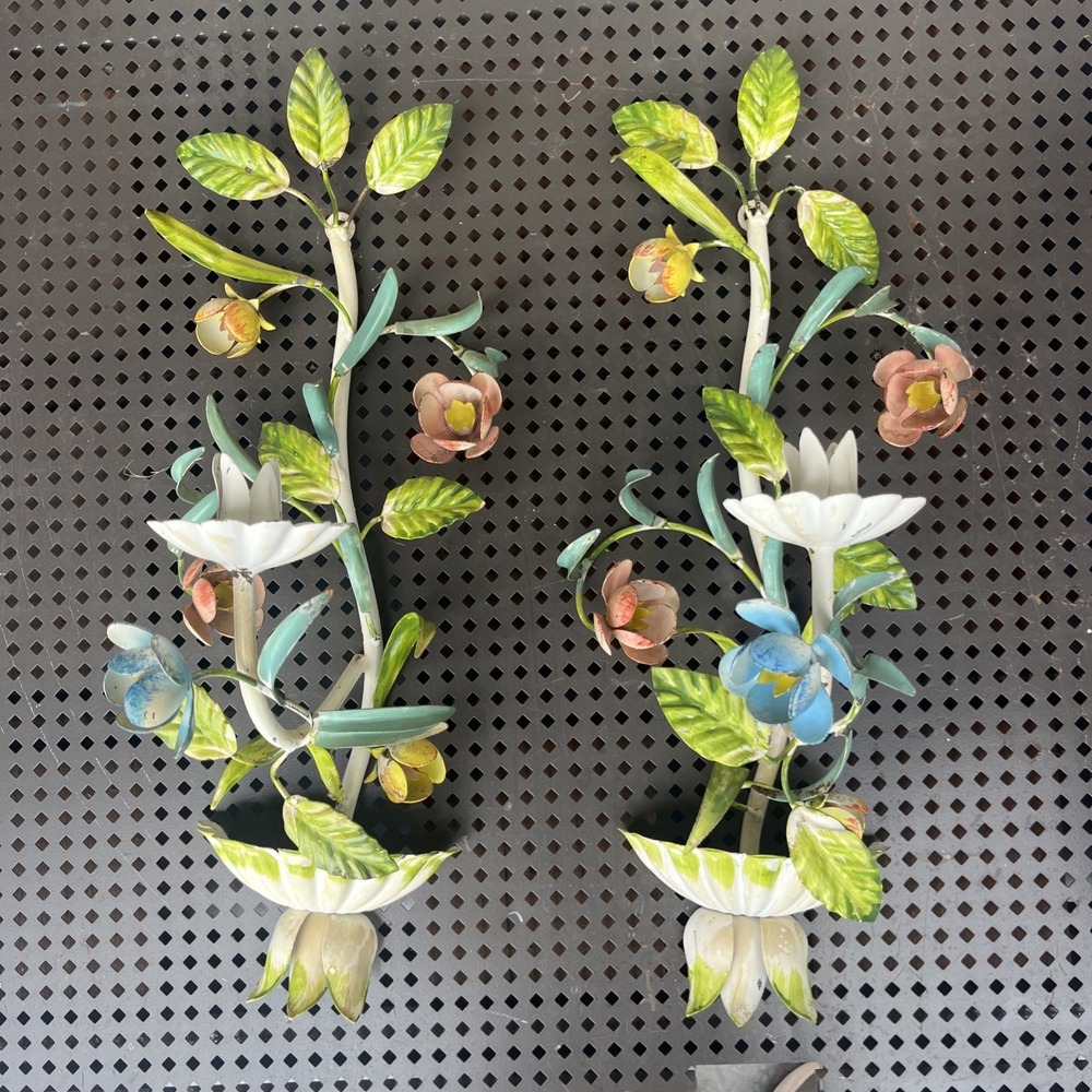 Vintage Italian Toleware Candle Wall Sconce Hand Painted Floral Bouquet Set of 2